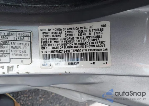 2003 Honda Civic Ex from USA, damaged, VIN 1HGEM21943L072990